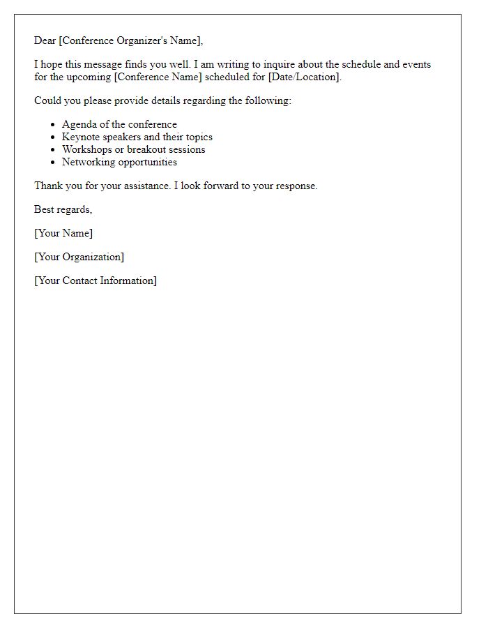 Letter template of inquiry about conference schedule and events