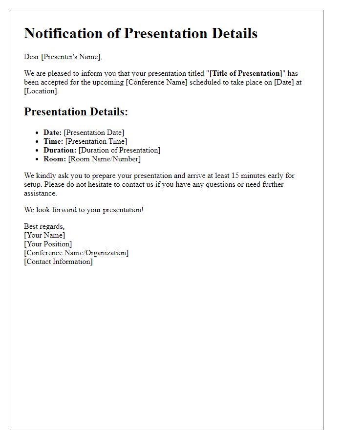 Letter template of notification for presentation details at the conference