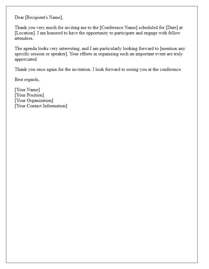 Letter template of thank you for conference invitation