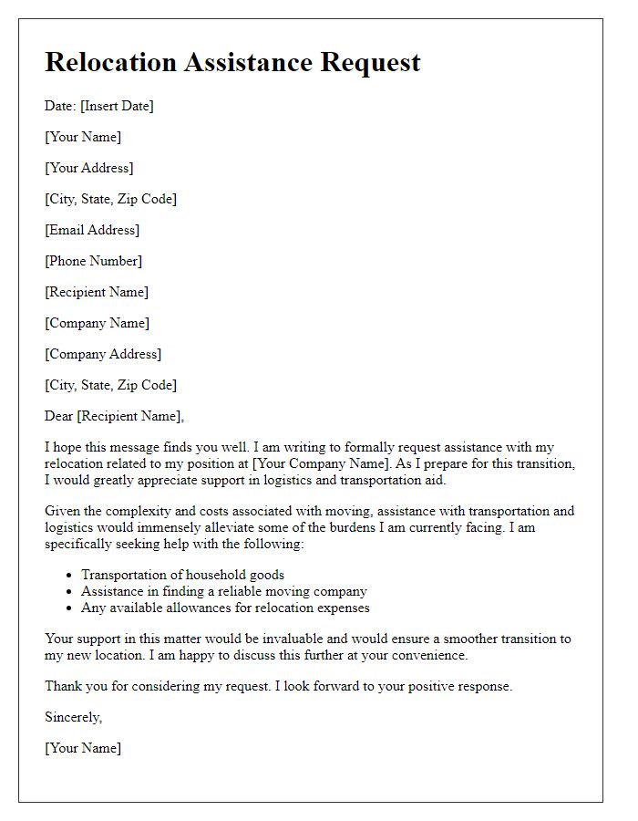 Letter template of relocation assistance request for logistics and transportation aid.