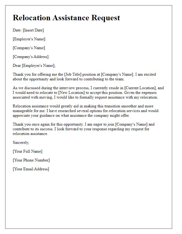 Letter template of relocation assistance request for a new employment offer.