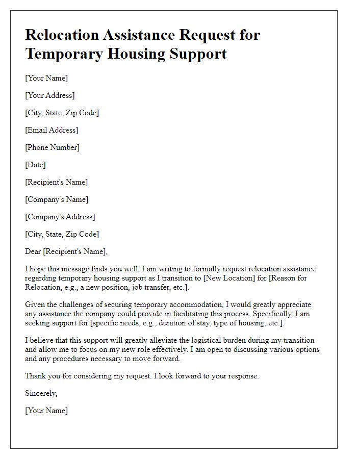 Letter template of relocation assistance request for temporary housing support.