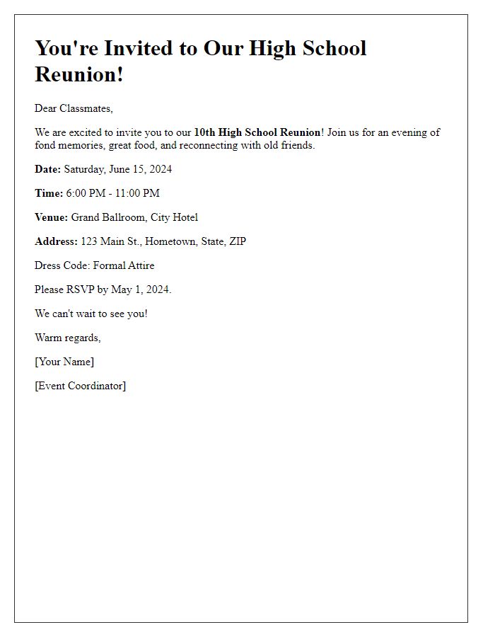 Letter template of high school reunion invitation for a formal dinner