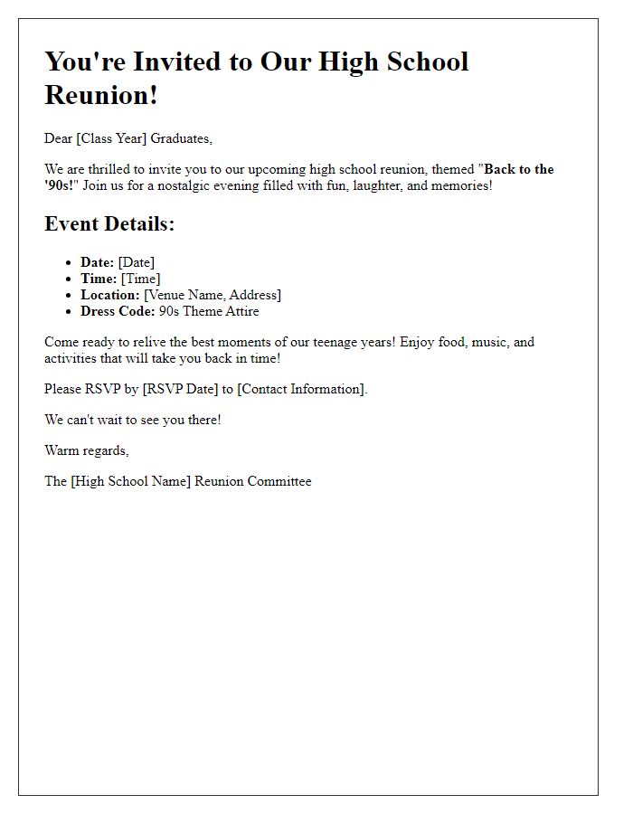 Letter template of high school reunion invitation for themed celebration