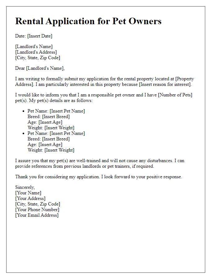 Letter template of rental application for pet owners