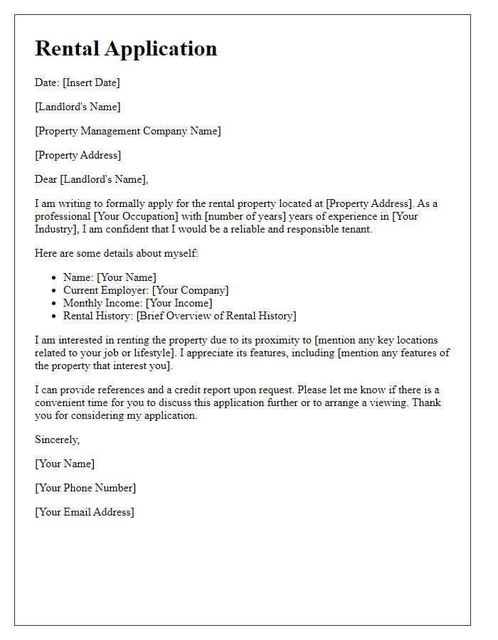 Letter template of rental application for professionals