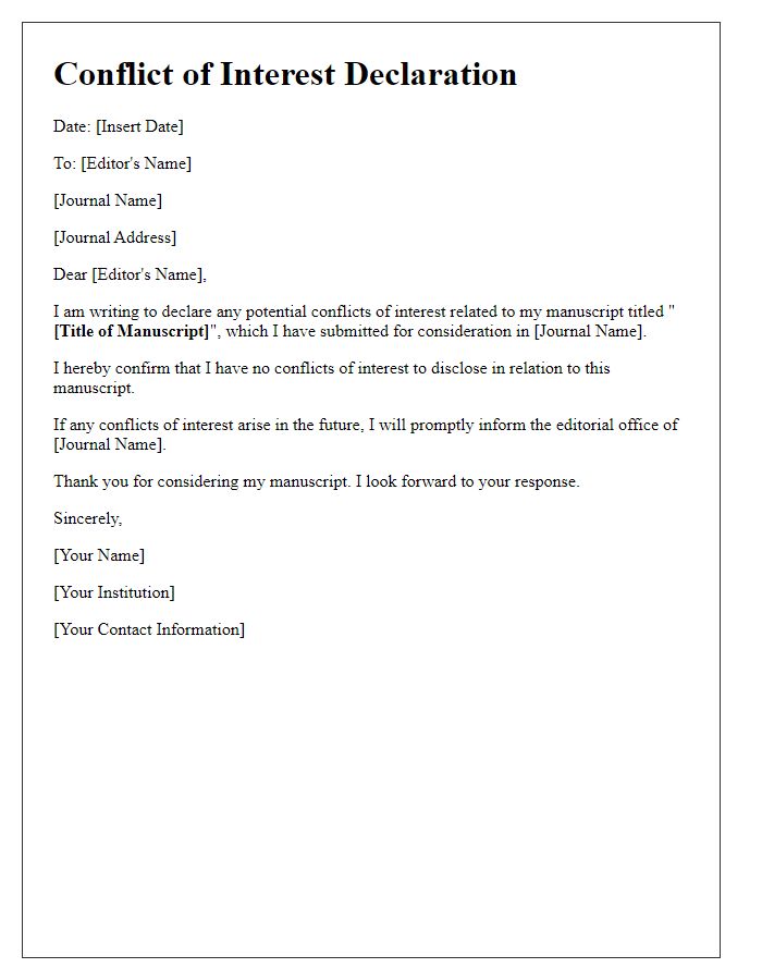 Letter template of conflict of interest declaration for journal submission