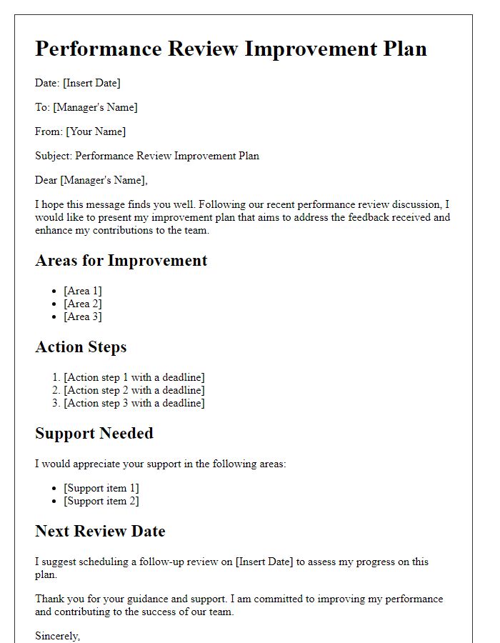 Letter template of job application performance review improvement plan