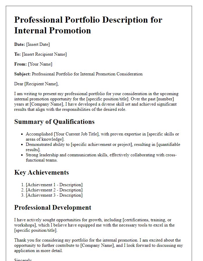 Letter template of professional portfolio description for internal promotions.