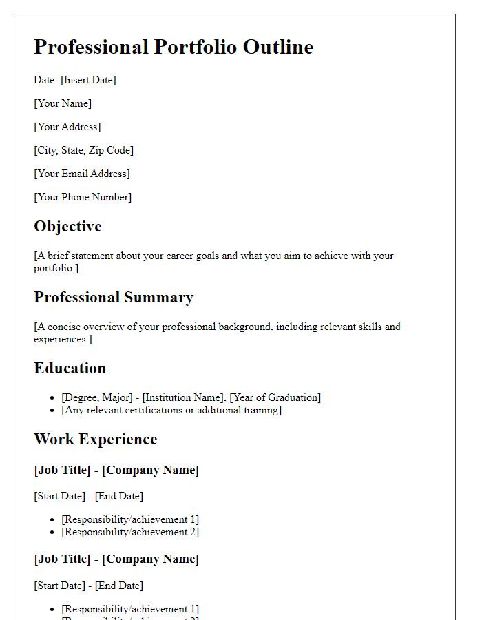 Letter template of professional portfolio outline for online profiles.