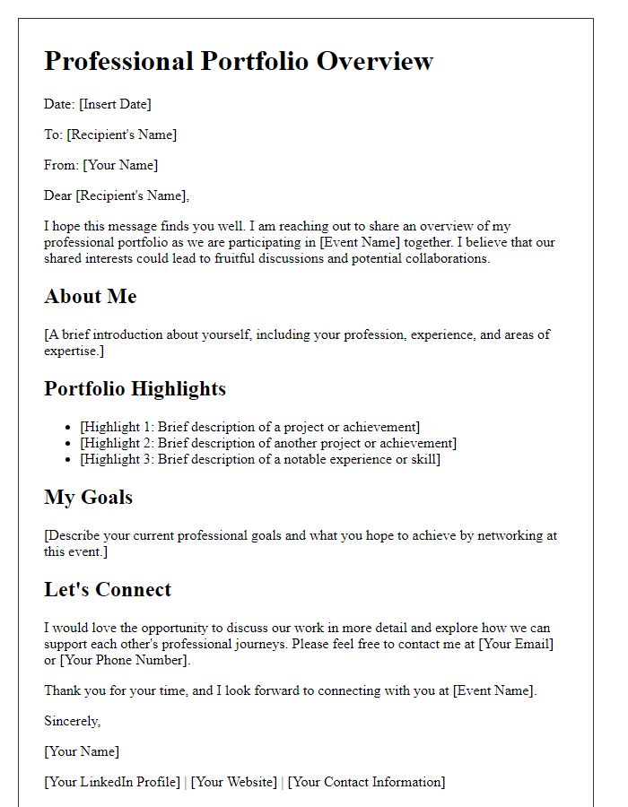 Letter template of professional portfolio overview for networking events.