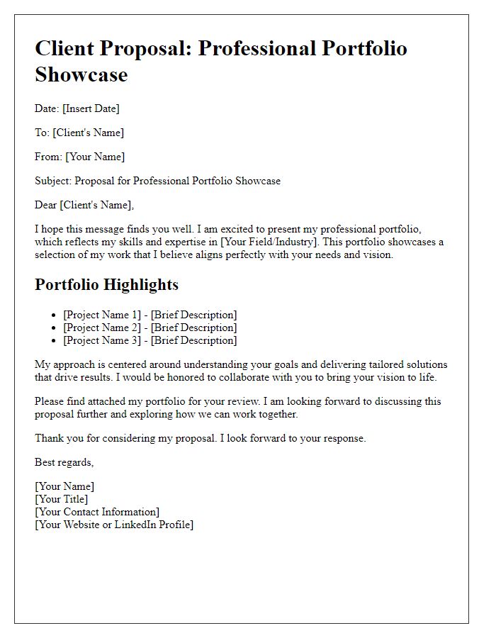 Letter template of professional portfolio showcase for client proposals.