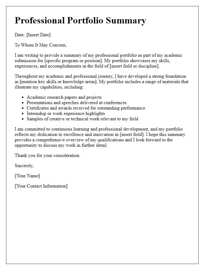 Letter template of professional portfolio summary for academic submissions.