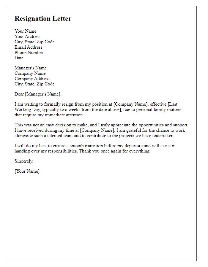 Letter template of resignation due to personal family matters