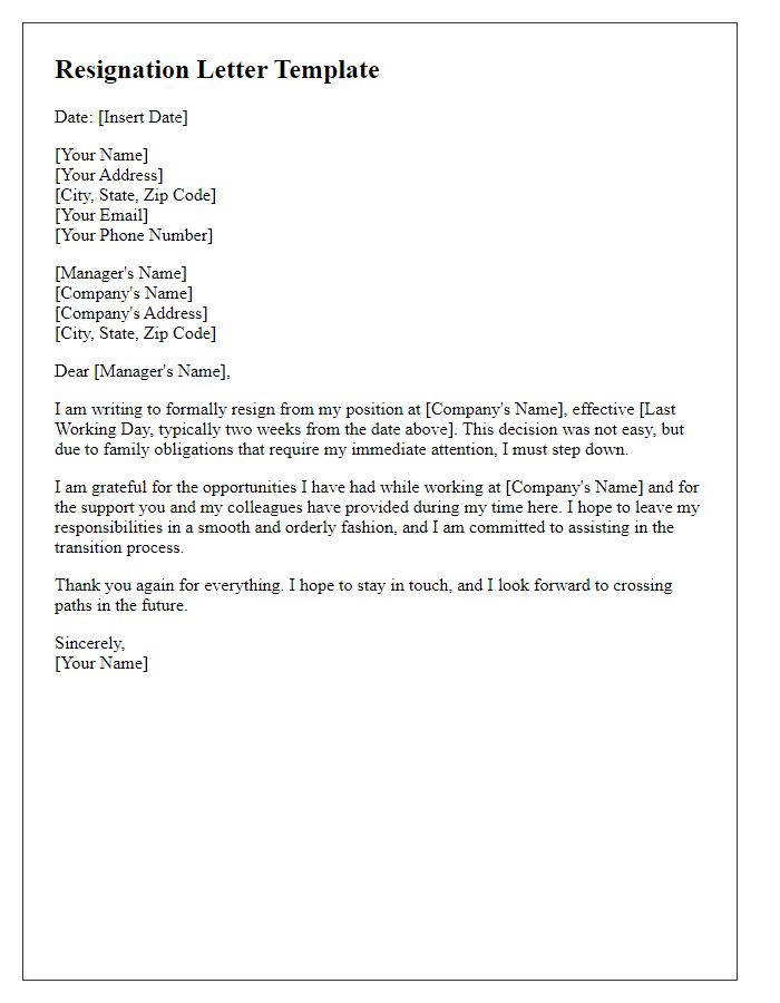 Letter template of resignation for family obligations