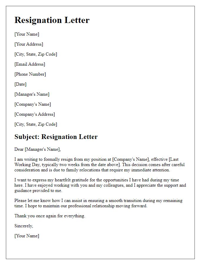 Letter template of resignation owing to family relocations