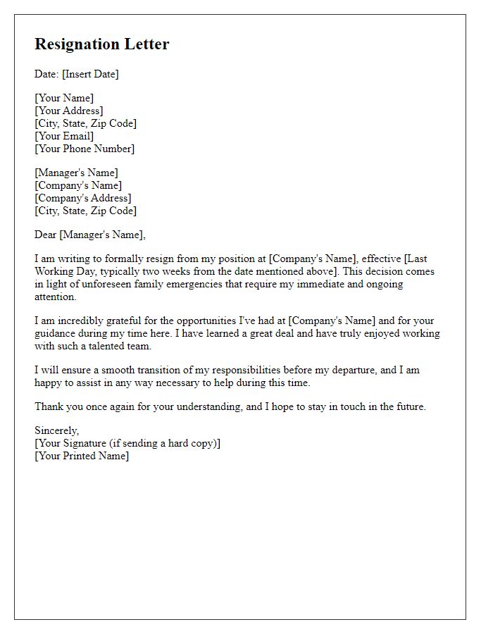 Letter template of resignation prompted by family emergencies