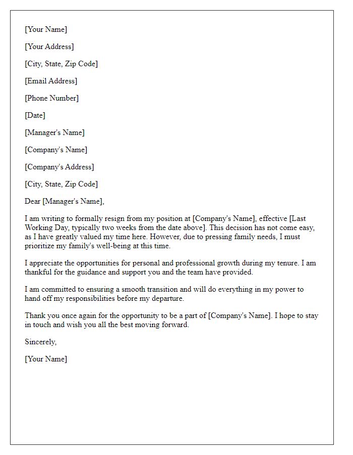 Letter template of resignation to support family needs