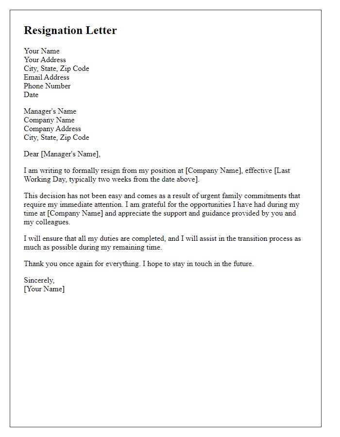 Letter template of resignation for urgent family commitments