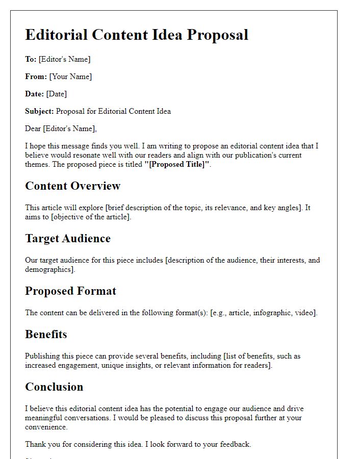 Letter template of editorial content idea proposal