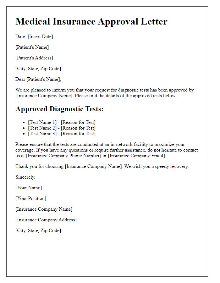 Letter template of medical insurance approval for diagnostic tests.