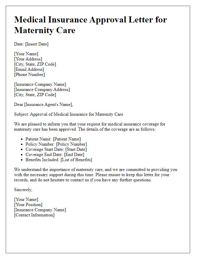 Letter template of medical insurance approval for maternity care.