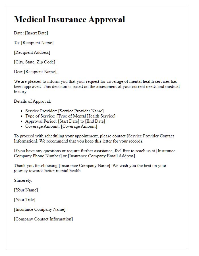 Letter template of medical insurance approval for mental health services.