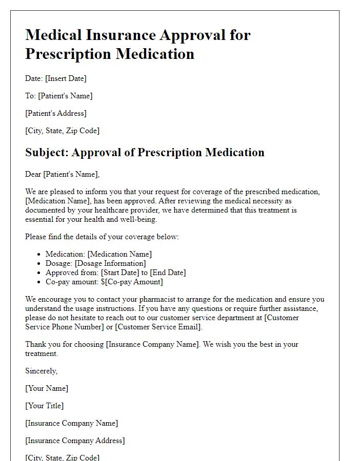 Letter template of medical insurance approval for prescription medication.