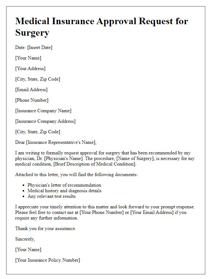 Letter template of medical insurance approval request for surgery.