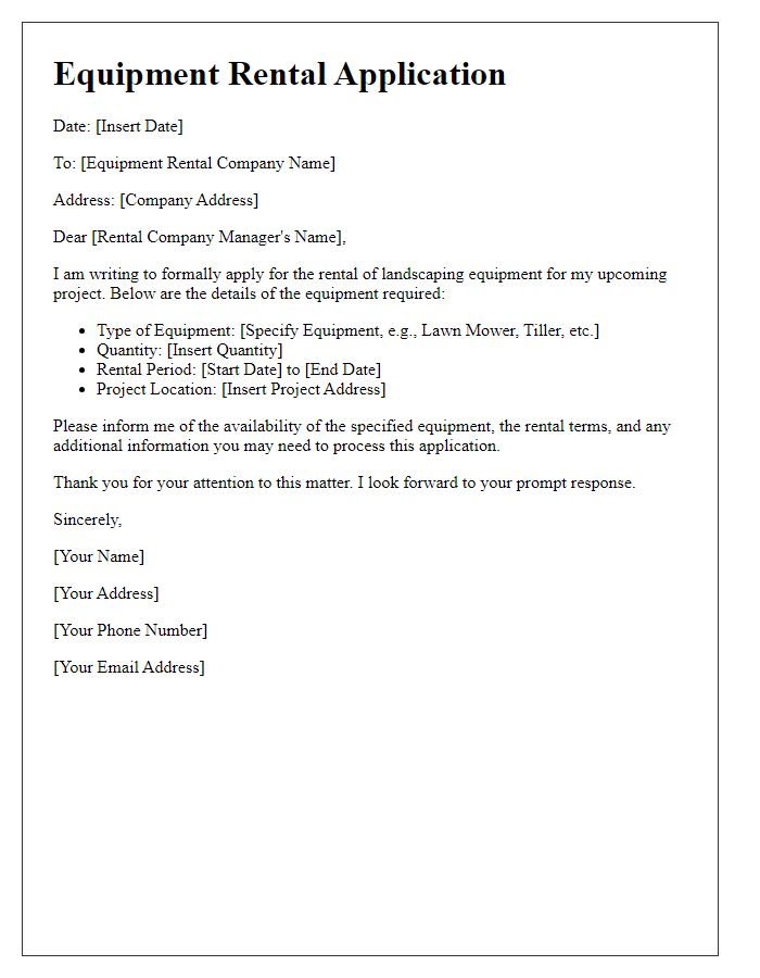 Letter template of equipment rental application for landscaping equipment.