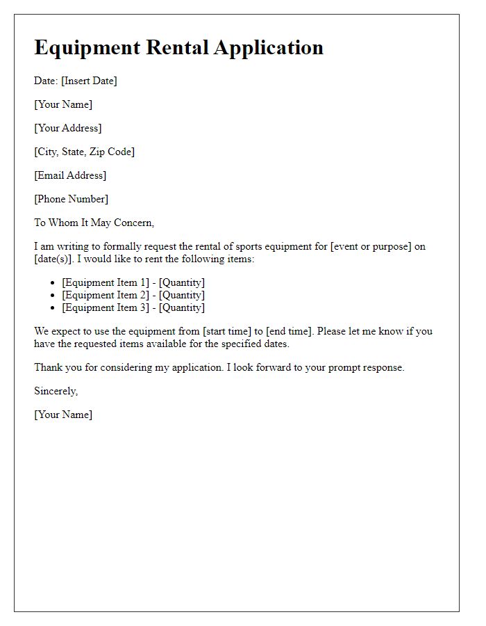 Letter template of equipment rental application for sports equipment.