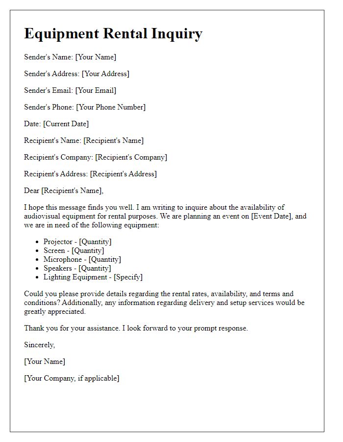 Letter template of equipment rental inquiry for audiovisual devices.