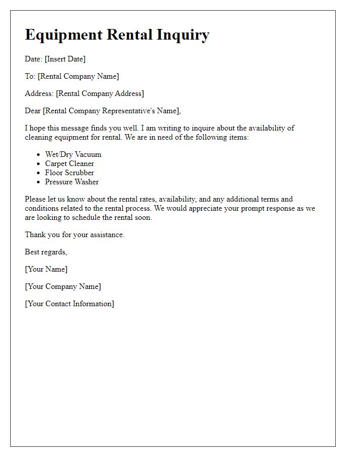 Letter template of equipment rental inquiry for cleaning equipment.