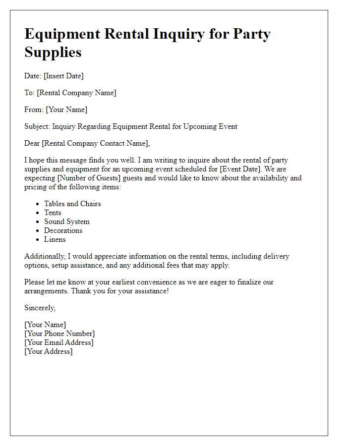 Letter template of equipment rental question for party supplies.