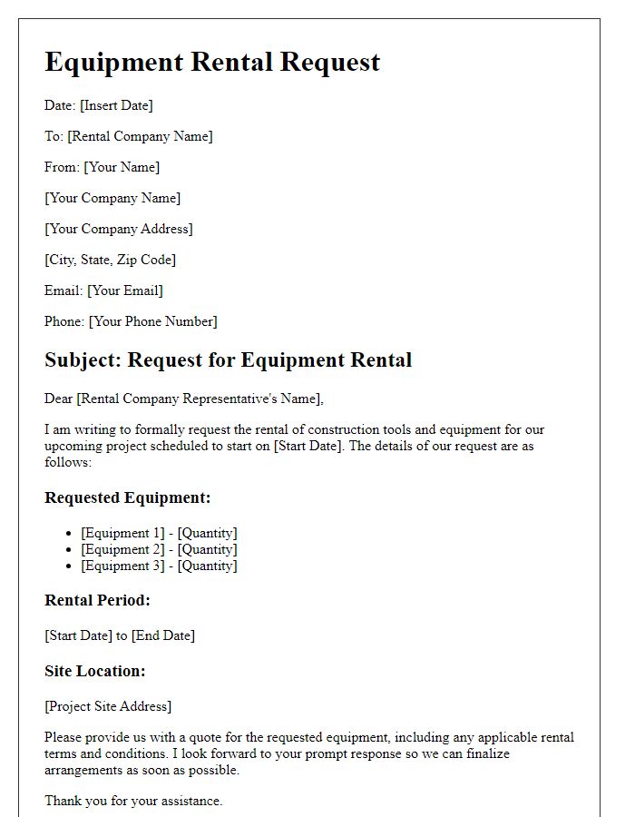 Letter template of equipment rental request for construction tools.