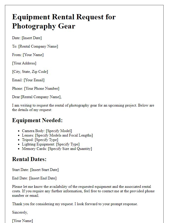 Letter template of equipment rental request for photography gear.