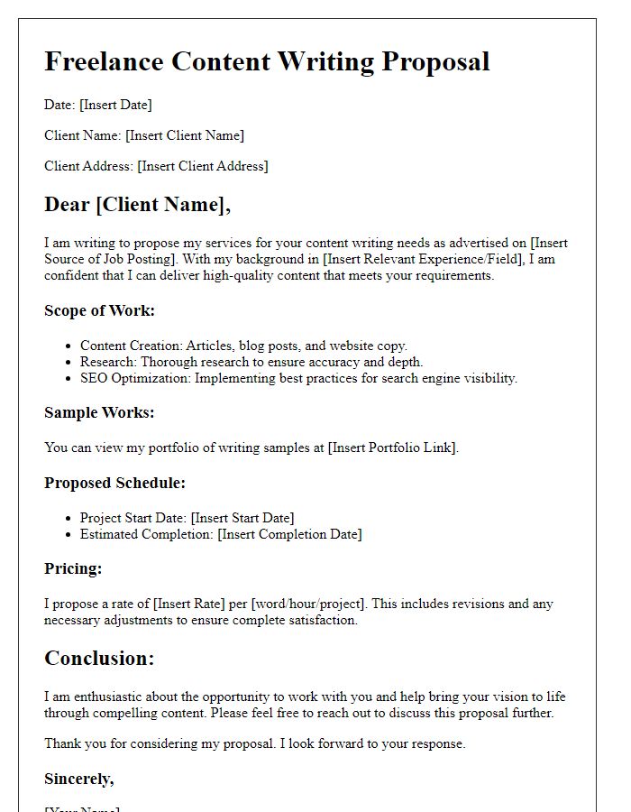 Letter template of freelance job proposal for content writing assignments