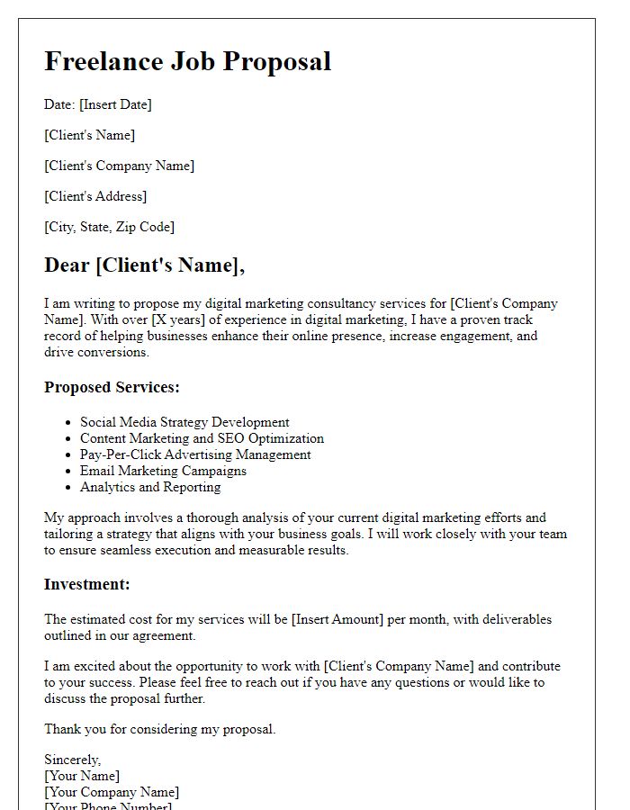 Letter template of freelance job proposal for digital marketing consultancy