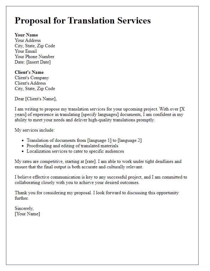 Letter template of freelance job proposal for translation services