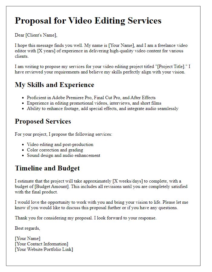 Letter template of freelance job proposal for video editing tasks