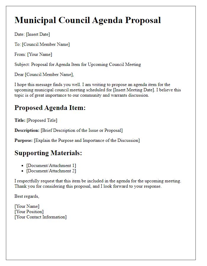 Letter template of agenda proposal for municipal council meeting