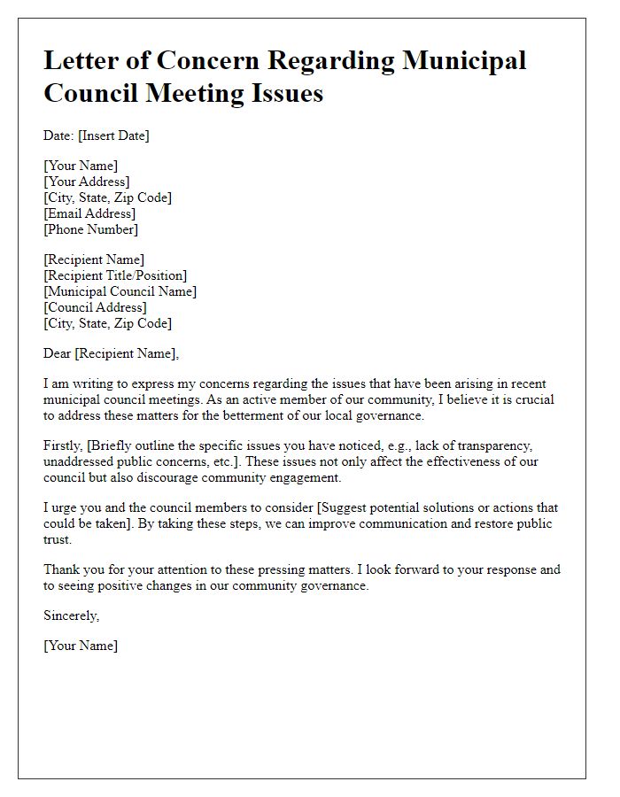 Letter template of concern regarding municipal council meeting issues