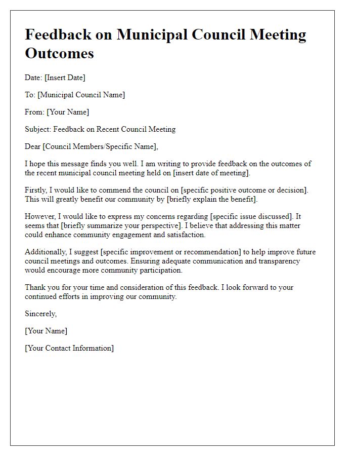 Letter template of feedback on municipal council meeting outcomes