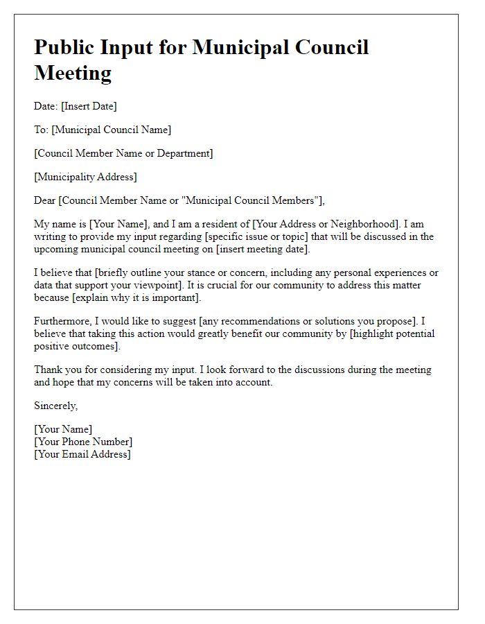 Letter template of public input for municipal council meeting