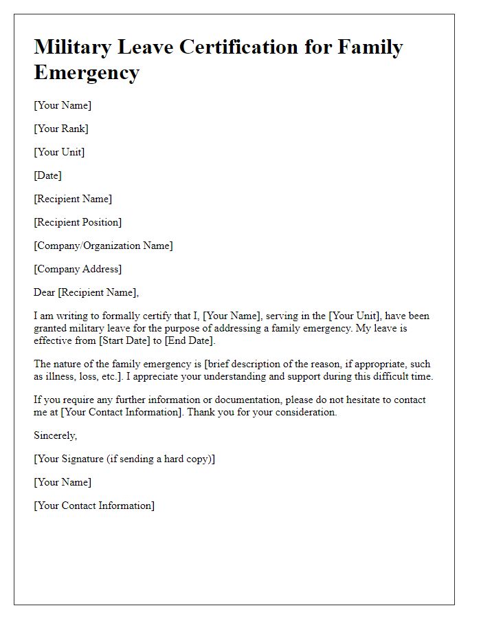 Letter template of military leave certification for family emergencies.