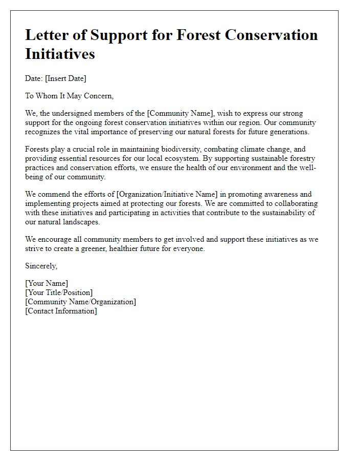 Letter template of community support for forest conservation initiatives.