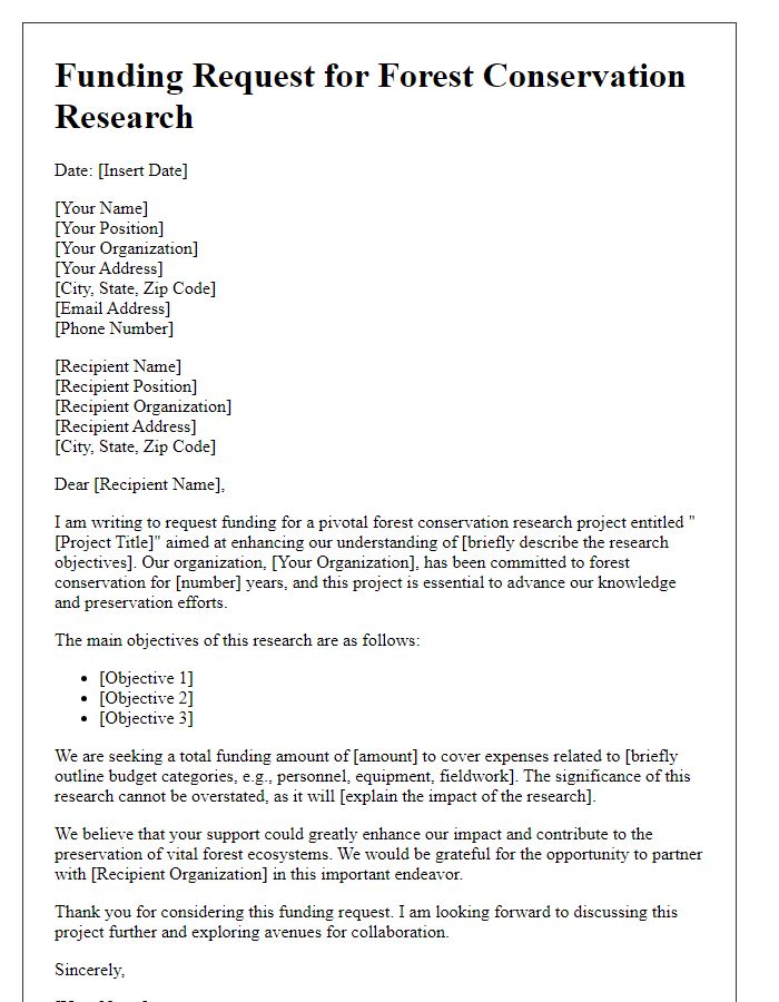 Letter template of funding requests for forest conservation research projects.