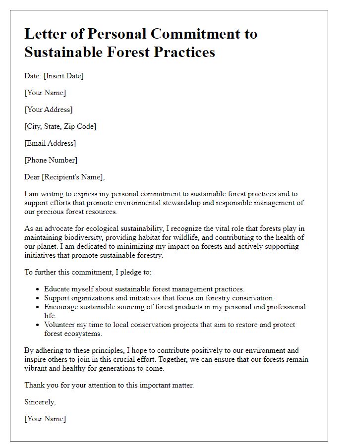 Letter template of personal commitment to sustainable forest practices.