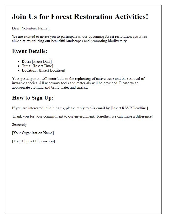 Letter template of volunteer opportunities for forest restoration activities.