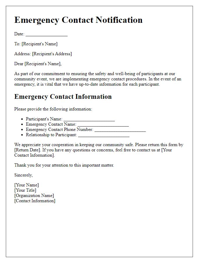 Letter template of emergency contact communication for community events